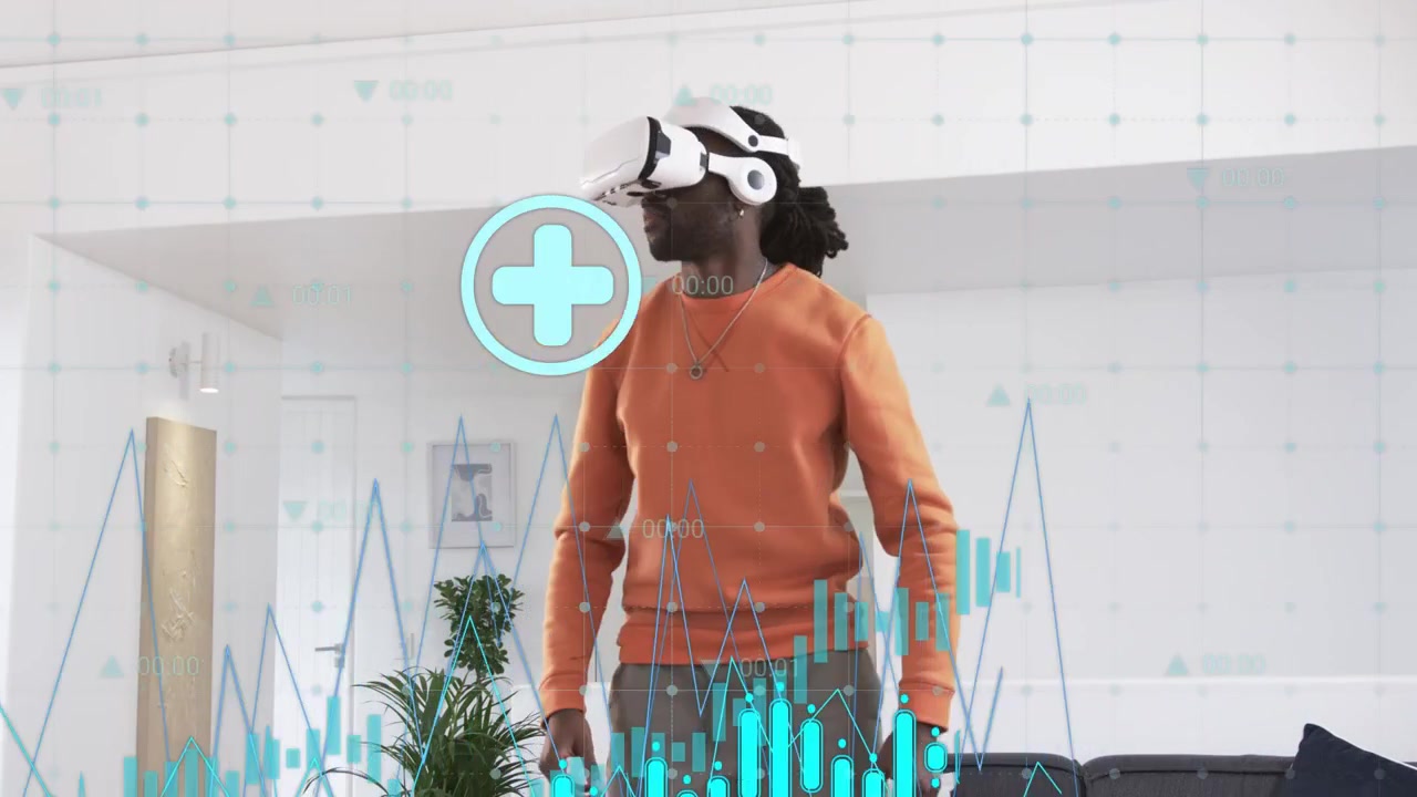 Mann hebt zu Hause die Hand, bedient durch Kneifen und Tippen eine technische VR-Benutzeroberfläche, während HUD-Symbole sich mit Gesten bewegen.