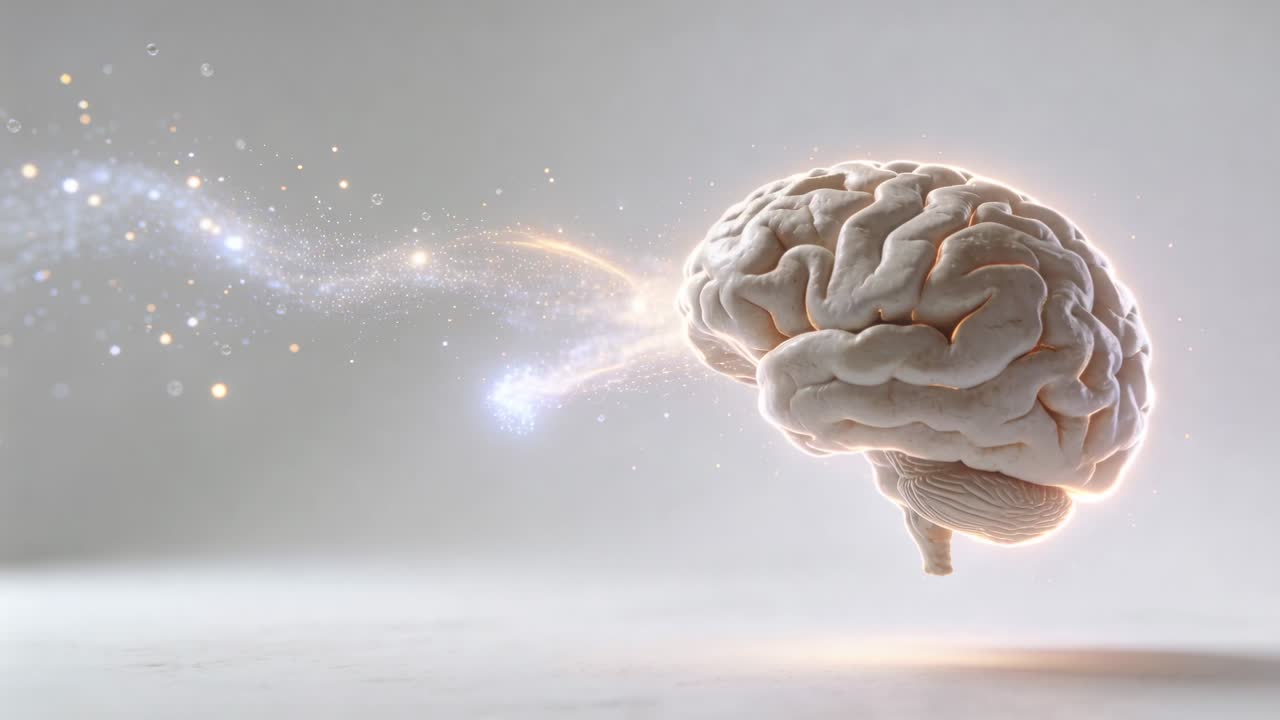 Hovering detailed brain model receiving particle ribbon in pale studio, with soft glow, copy space