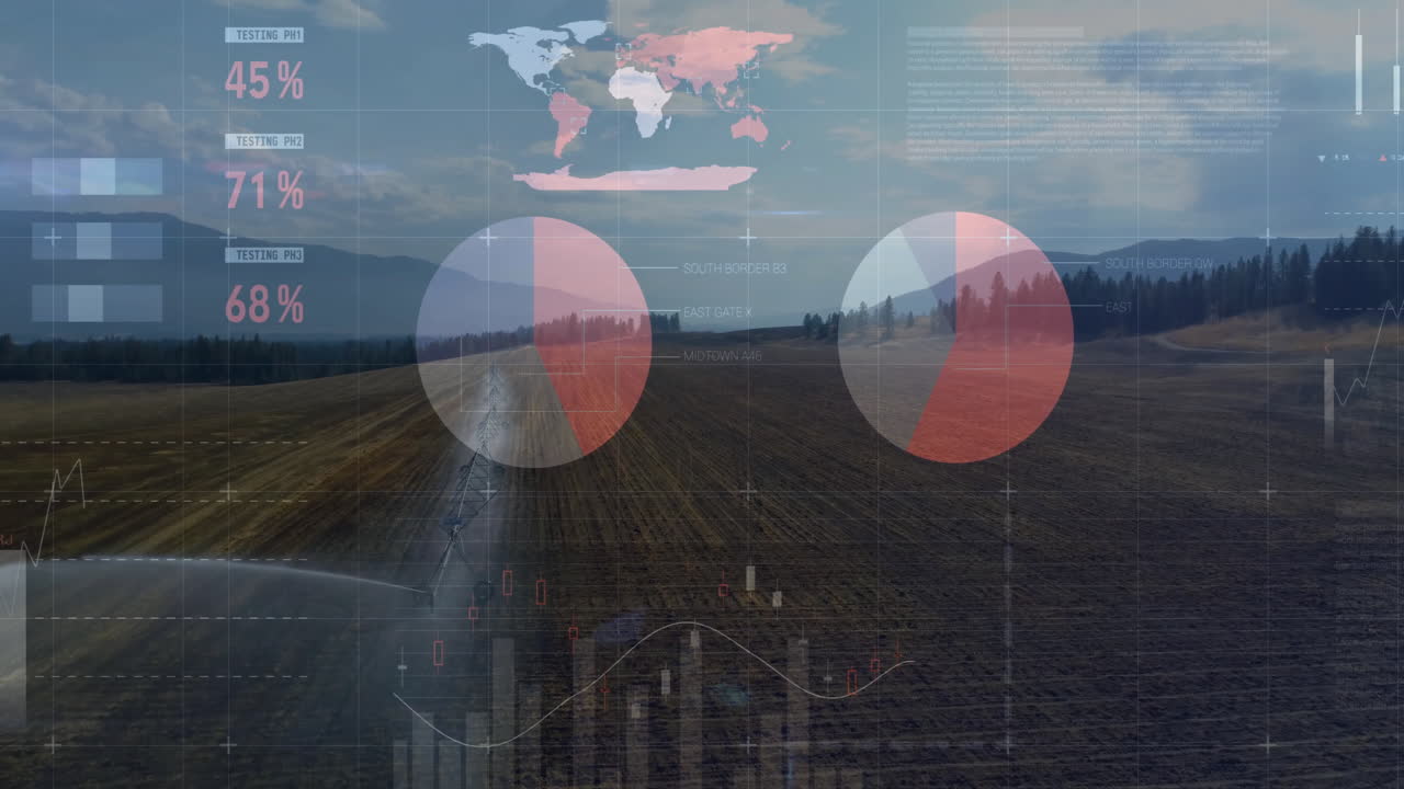 Data visualization animation over agricultural landscape with charts and world map