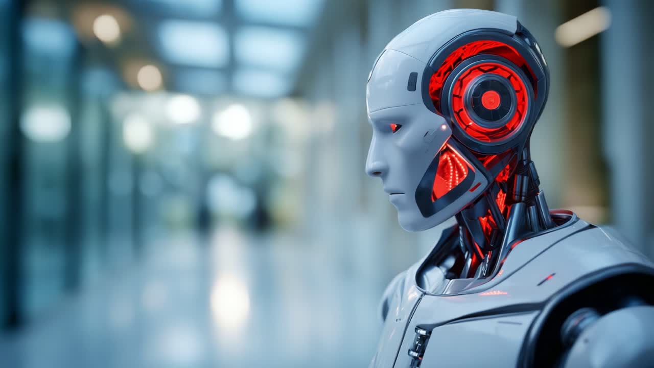 Futuristisk humanoid robot, der fremviser avancerede funktioner og komplekst design i et moderne miljø, hvilket fremhæver krydsfeltet mellem teknologi og menneskehed