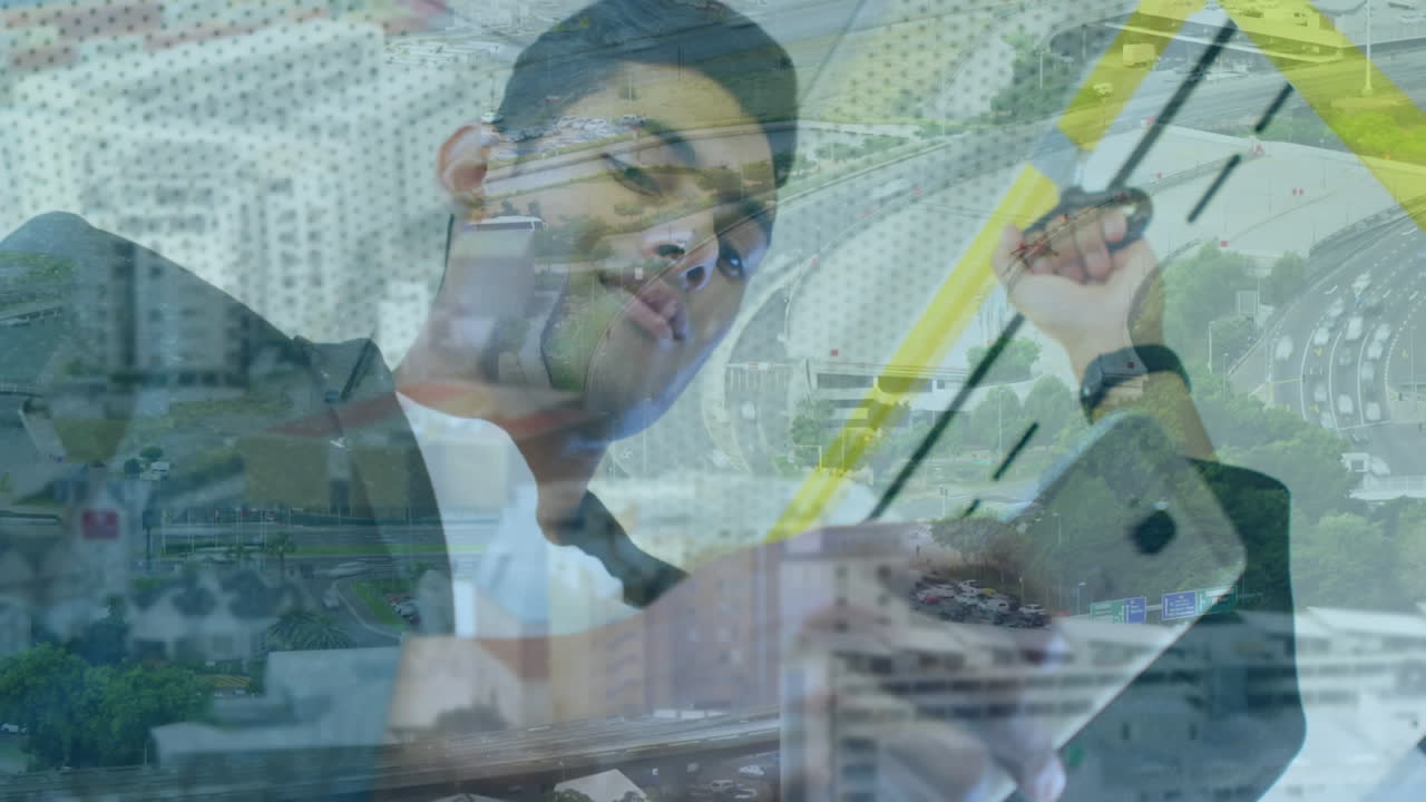 animación de un hombre usando un teléfono inteligente sobre el paisaje urbano