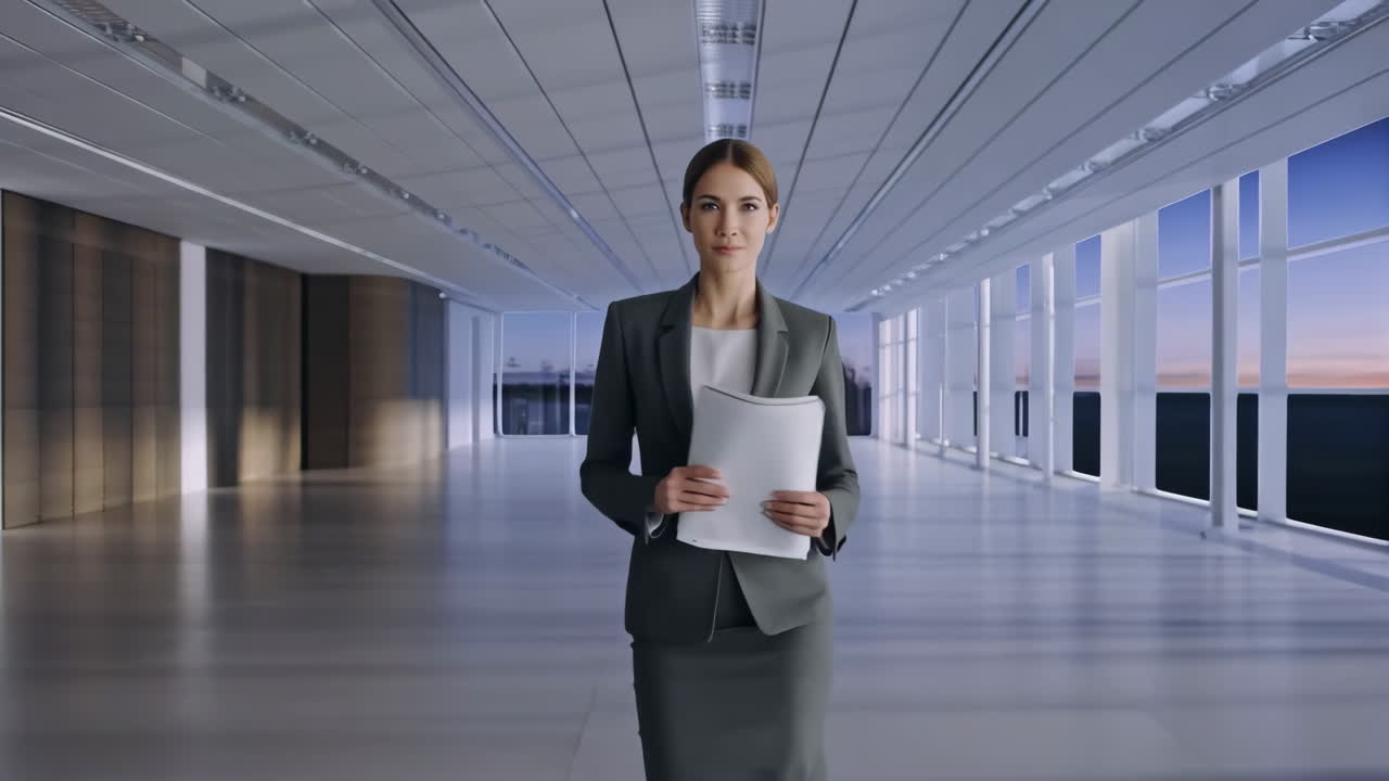 Confident Businesswoman Holding Documents in a Modern Office Hallway