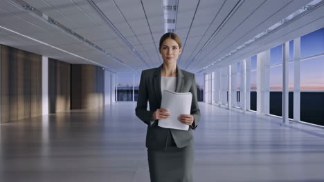 confident businesswoman holding documents in a modern office hallway