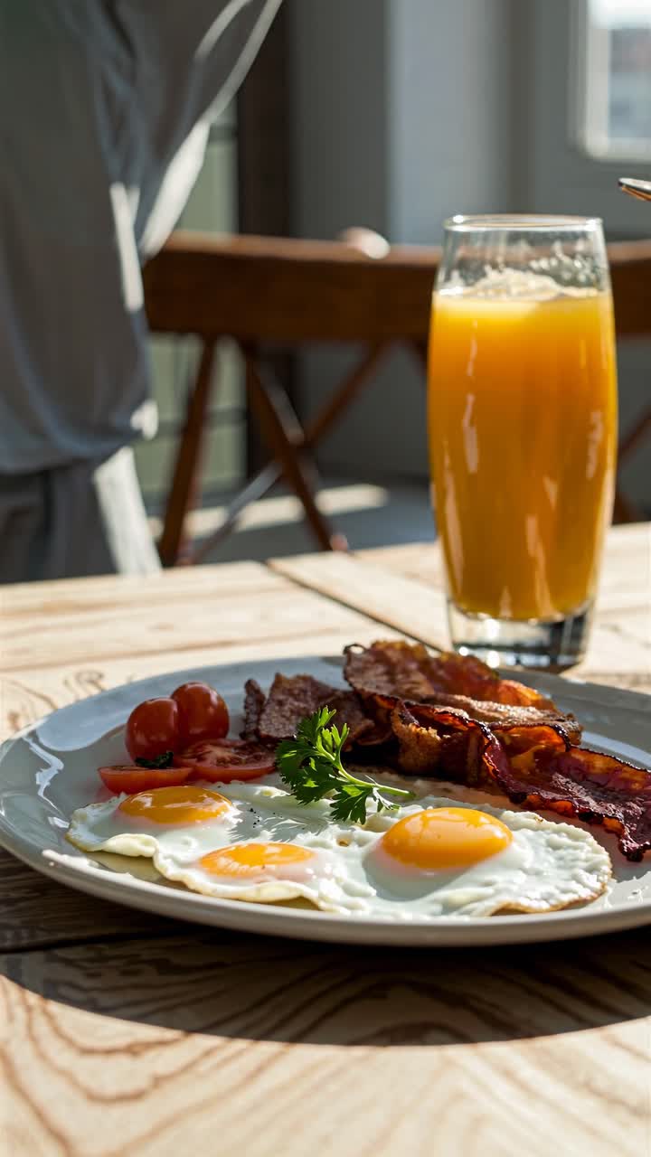 Un primo piano all'altezza degli occhi di un piatto per la colazione con uova, bacon e pomodori, accanto a un bicchiere