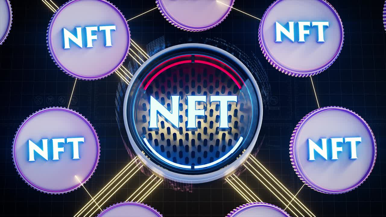 NFT Non fungible token. Crypto art concept. Cryptocurrency loop 3d animation