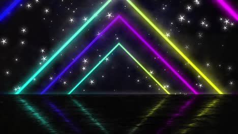 Animation-of-moving-colorful-geometrical-shapes-over-the-waterline-and-stars-in-night-sky