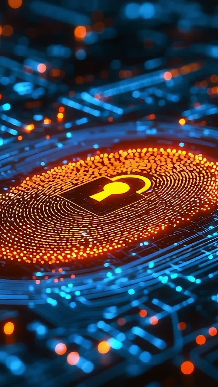 Digital lock symbol on a circuit board. A vibrant digital representation of a lock symbol surrounded by glowing circuitry and data patterns in a dark setting.