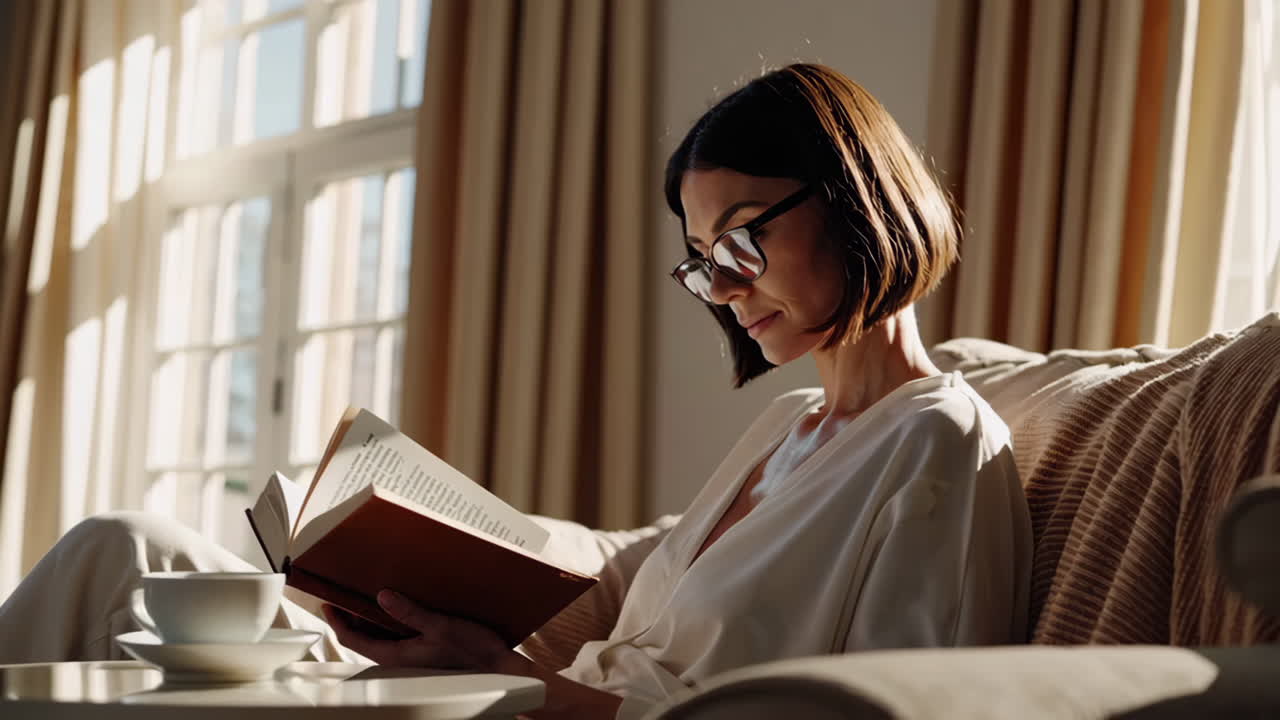 Femme lisant un livre à l'intérieur, éclairée par la lumière du soleil