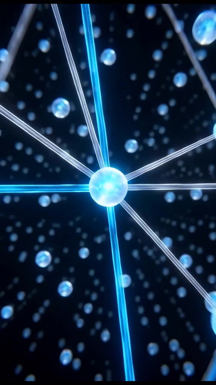 Bright blue luminous particles and soft bokeh lights drift across a dark abstract scene with depth, shimmer, and outward motion. The center glows