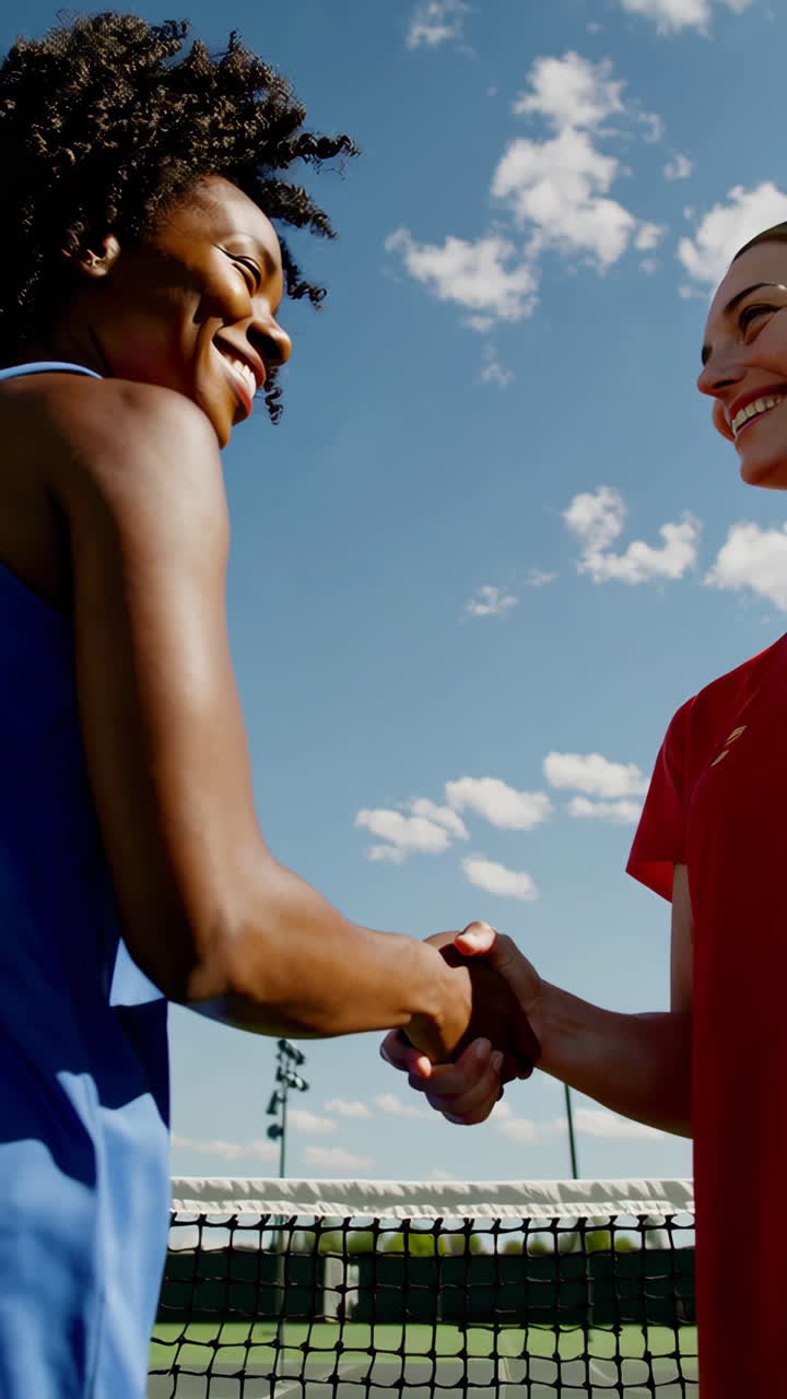 Two women shaking hands on a tennis court