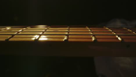close-up of guitar fretboards