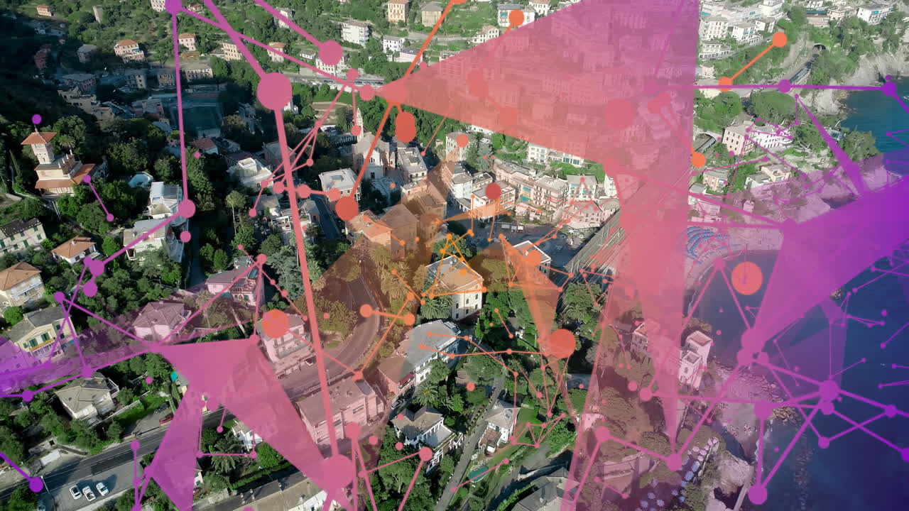 Network of connections and data processing animation over aerial view of town