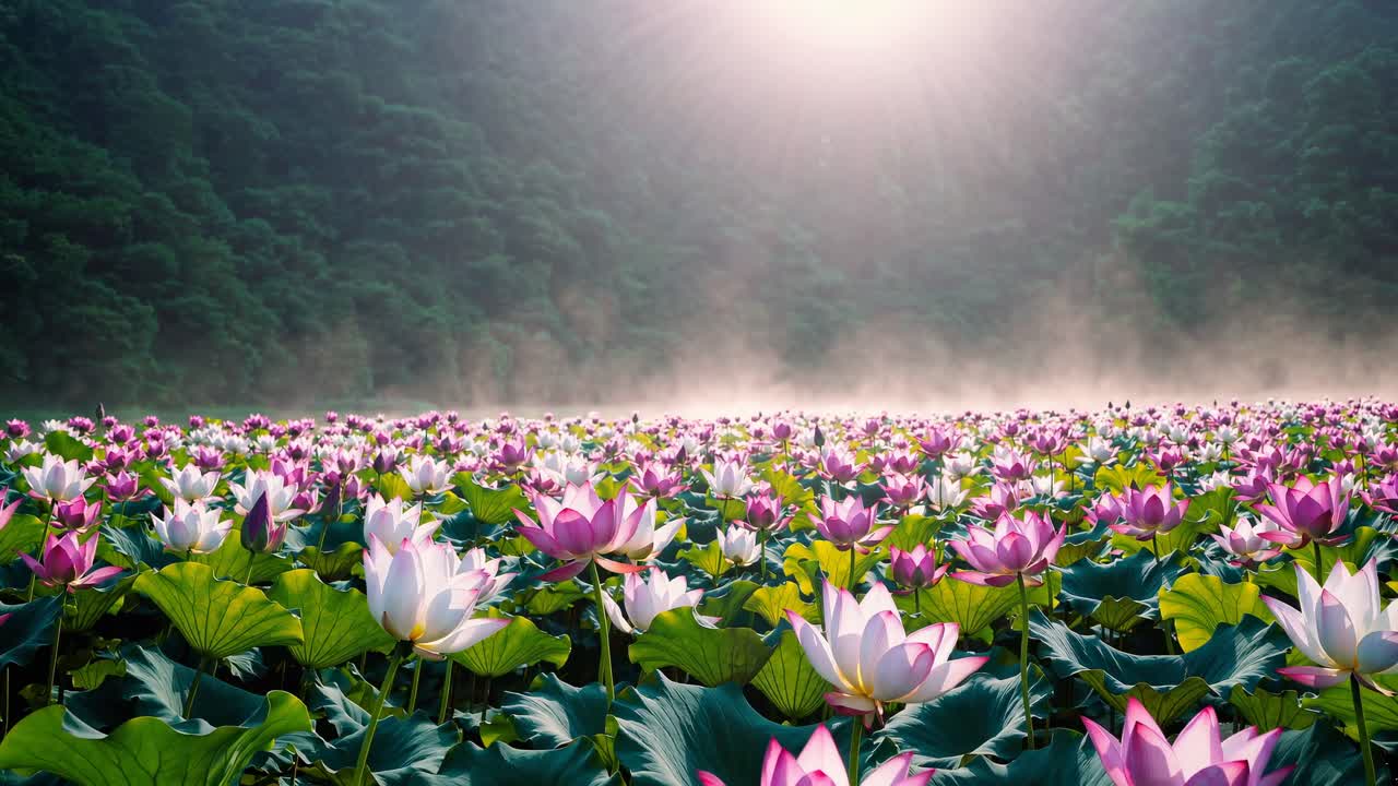 A serene video scene of a lotus field at sunrise, captured from a low angle, highlighting vibrant