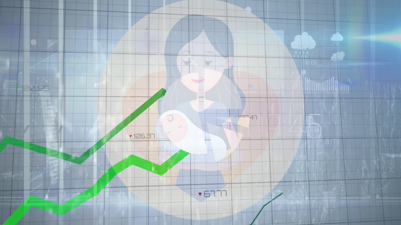 animación del procesamiento de datos financieros sobre la madre con el bebé