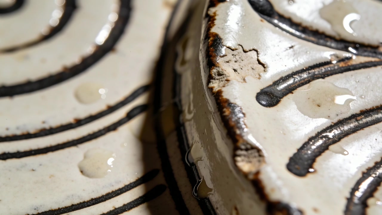 Telecamera che si sposta rivelando un piatto di ceramica su un tavolo, che mostra linee di ingobbio, sbeccature sul bordo e goccioline che si muovono.