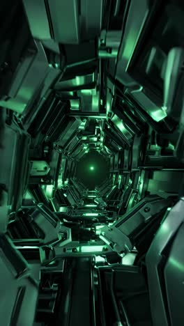 futuristic metallic tunnel glowing with green illumination, converging toward bright distant radiance, suggesting technological pathway and enigmatic journey