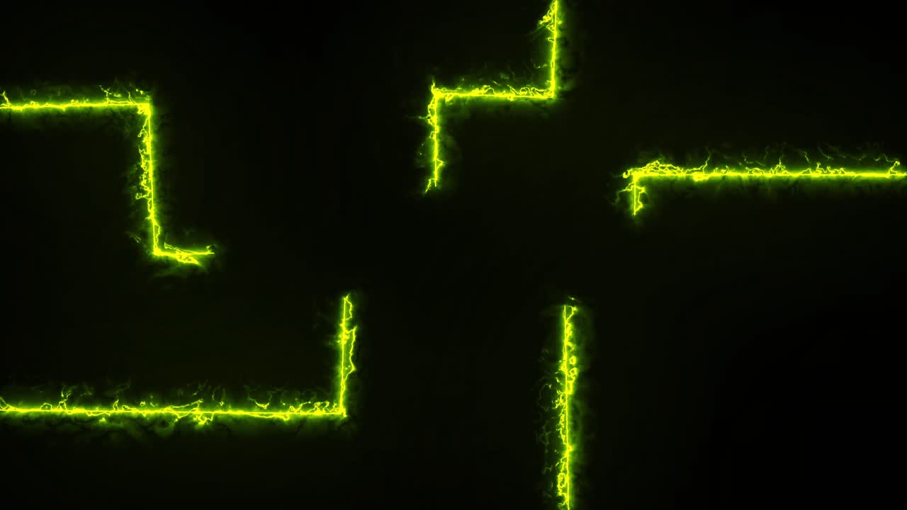 A glowing yellow neon line animates to form a maze or circuit board pattern on a black background. For technology, gaming, or abstract concepts