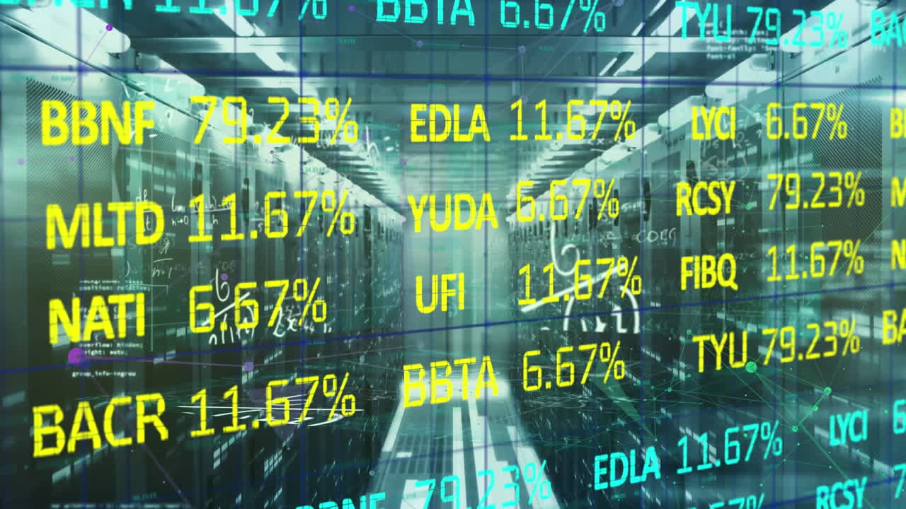 Animation of stock market data processing and mathematical equations against server room