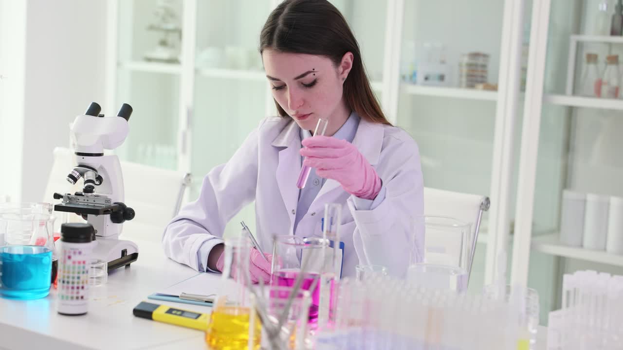 Young Female Scientist Working in a Laboratory with Test Tubes and Microscope