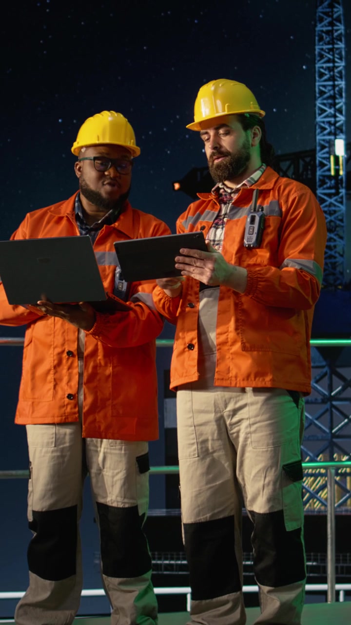 Vertical video Portrait of smiling drilling barge crew members managing petrol reserves
