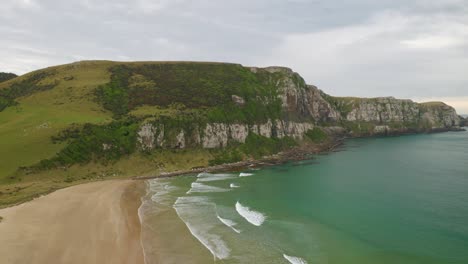 aerial shot of a cliff along the coast in new zealand with a beach in the foreground