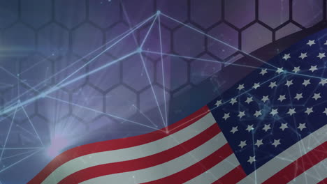 american flag with network connections and data processing over hexagonal background