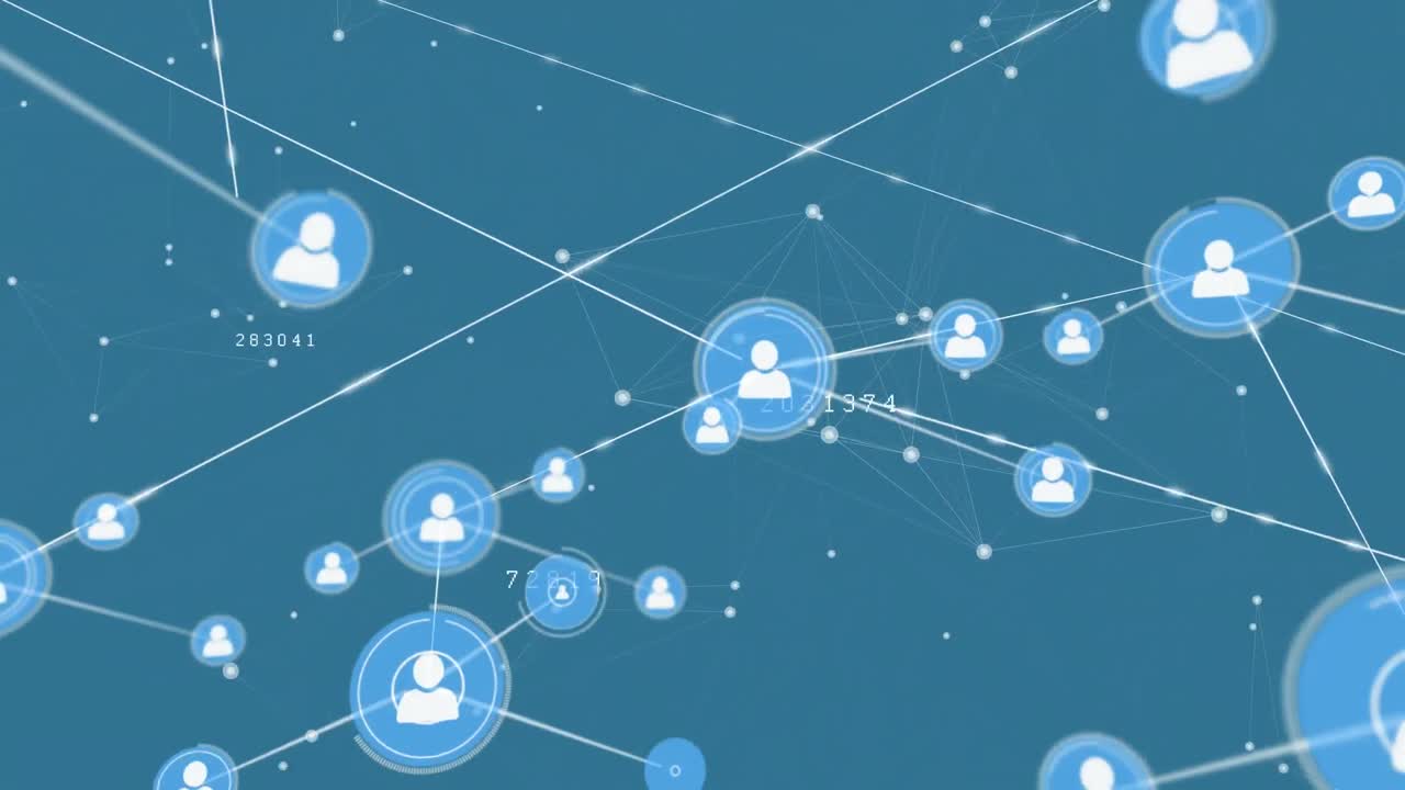 파란색 배경에 아이콘과 데이터 처리를 가진 연결 네트워크의 애니메이션