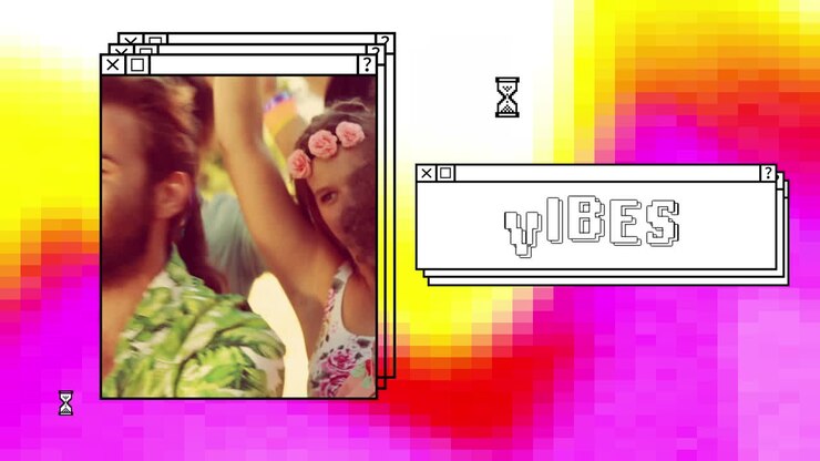 Animation of vibes in white text in stacked window, with happy crowd cheering, on yellow and pink