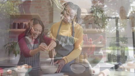 Montage-of-happy-diverse-couple-doing-yoga-and-enjoying-chistmas-together-at-home,-slow-motion