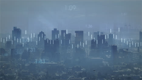 animation of financial data processing over cityscape