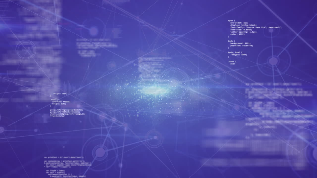 animación de la red de conexiones con iconos y procesamiento de datos sobre fondo azul