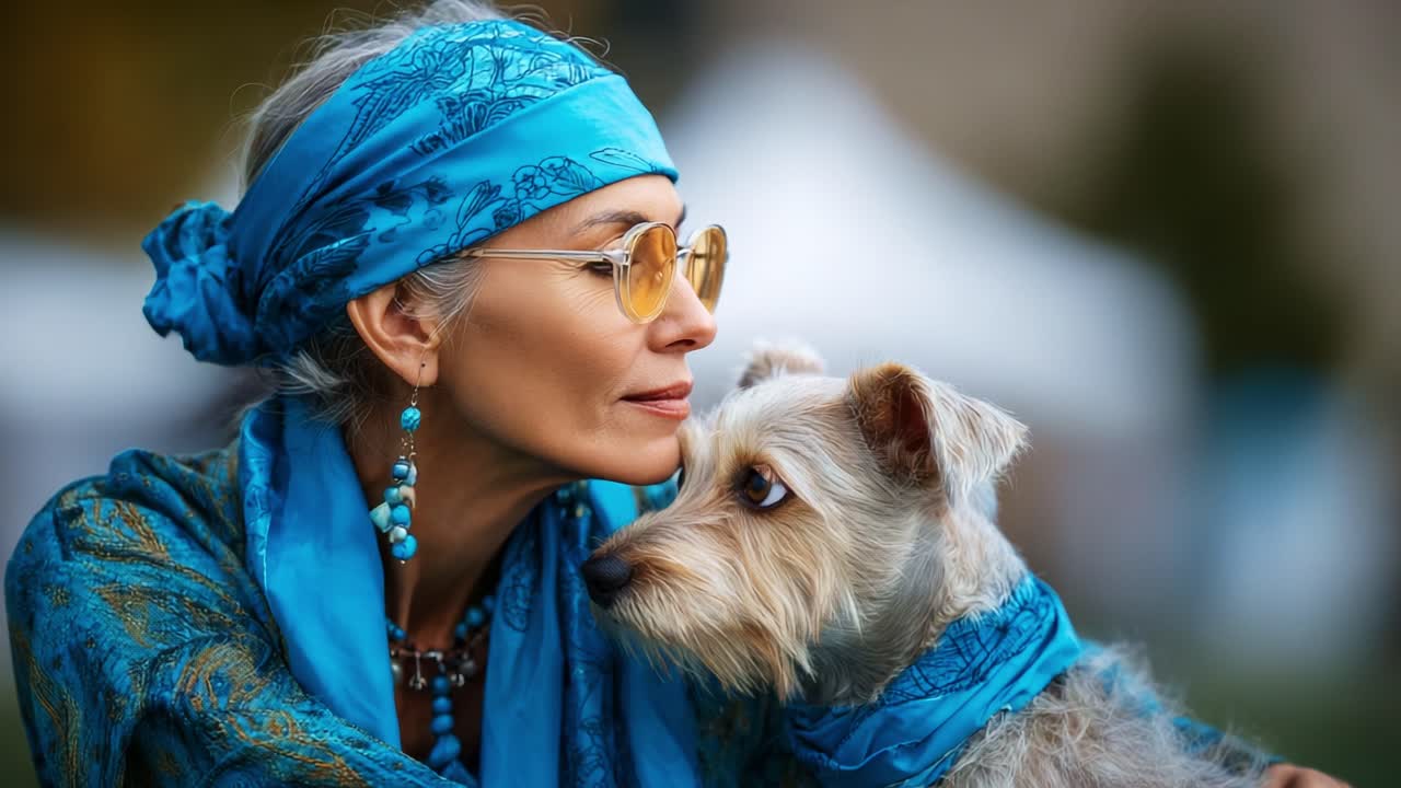 A woman in beautiful blue attire shares a heartwarming moment with her dog, showcasing their bond amid a serene outdoor setting filled with gentle colors and a peaceful atmosphere