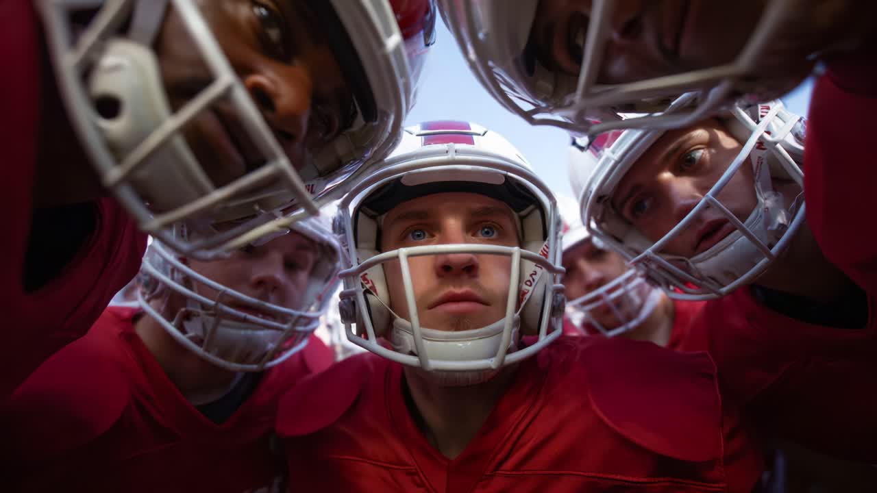 Intense Focus: A Close-Up on a Football Team's Strategic Huddle as Players Prepare for an Important Game with Determined Expressions and Unified Energy
