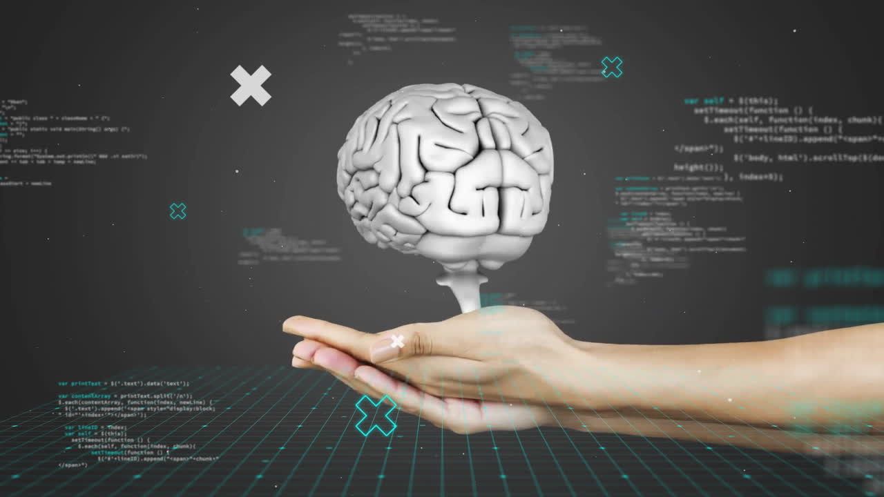 animación del cerebro humano con la mano de una mujer y procesamiento de datos sobre un fondo oscuro