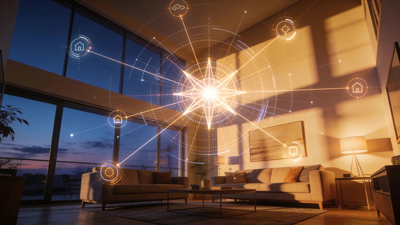 Activating hologram star pulsing, brightening in living room, linking house nodes for network view