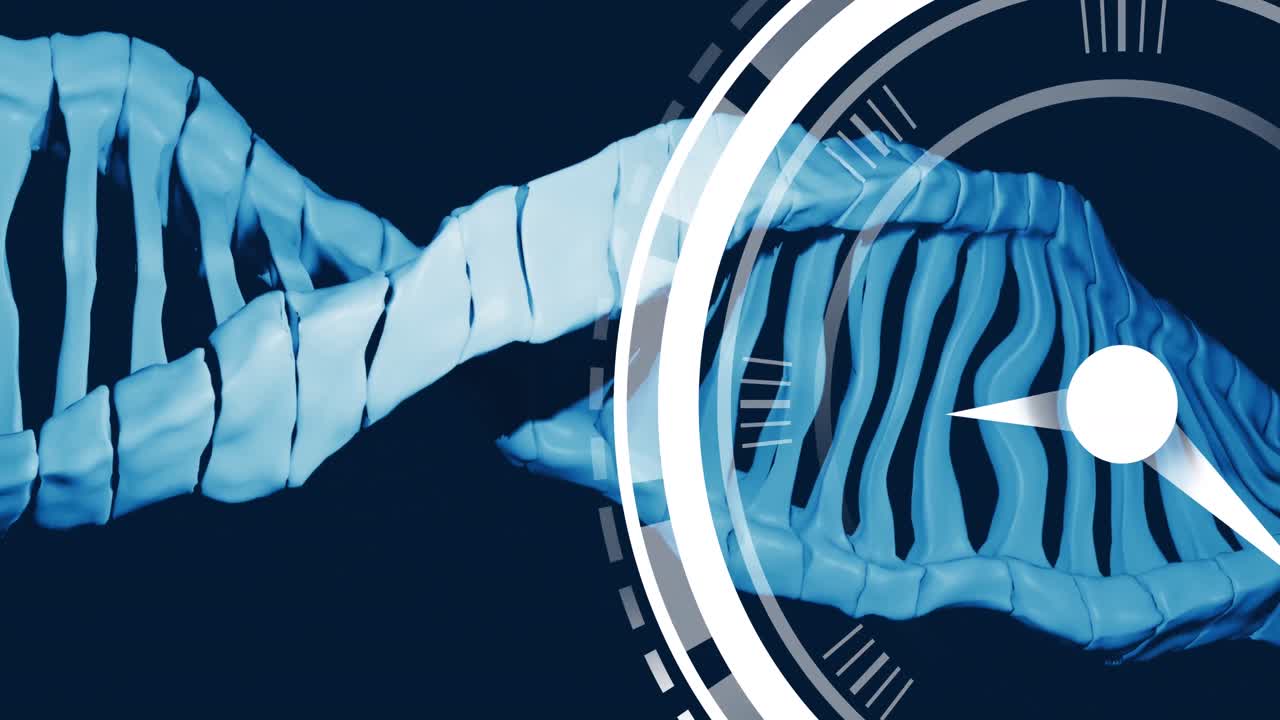 파란색 배경에 대한 dna 구조 위에 틱하는 시계 아이콘의 애니메이션