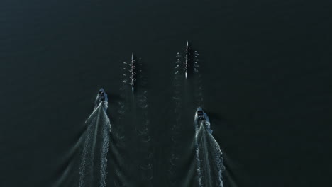 Vibrant-top-aerial-shot-of-rowing-competition-with-quadruple-scull's-crews