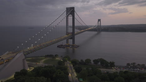 aerial view of the verrazzano-narrows bridge at night. shot in brooklyn looking towards staten island