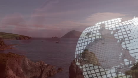 globe animation over coastal landscape with boats and distant island