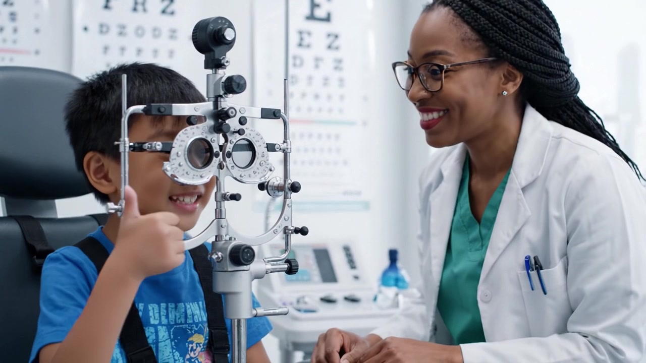 A joyful young boy undergoing an eye examination with an optometrist, showcasing a moment of care and professionalism in vision health during a clinical check-up.