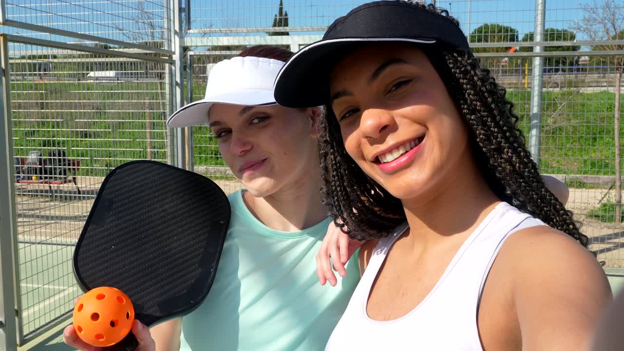 Dos mujeres jóvenes felices posando con una pala y una pelota de pickleball