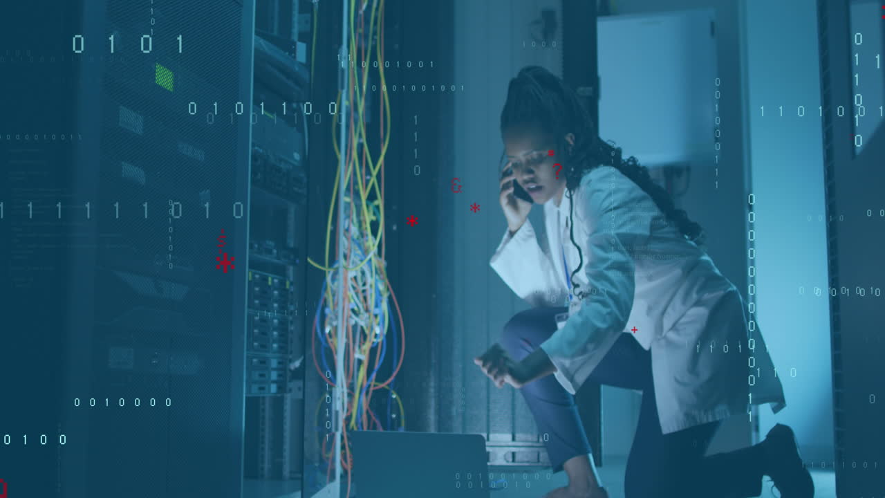 Animation of computer language, african america female engineer talking on phone and checking server