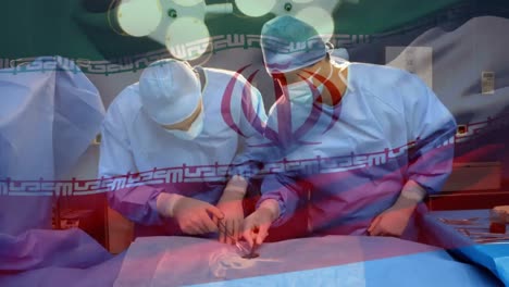 animation of flag of south iran waving over surgeons in operating theatre