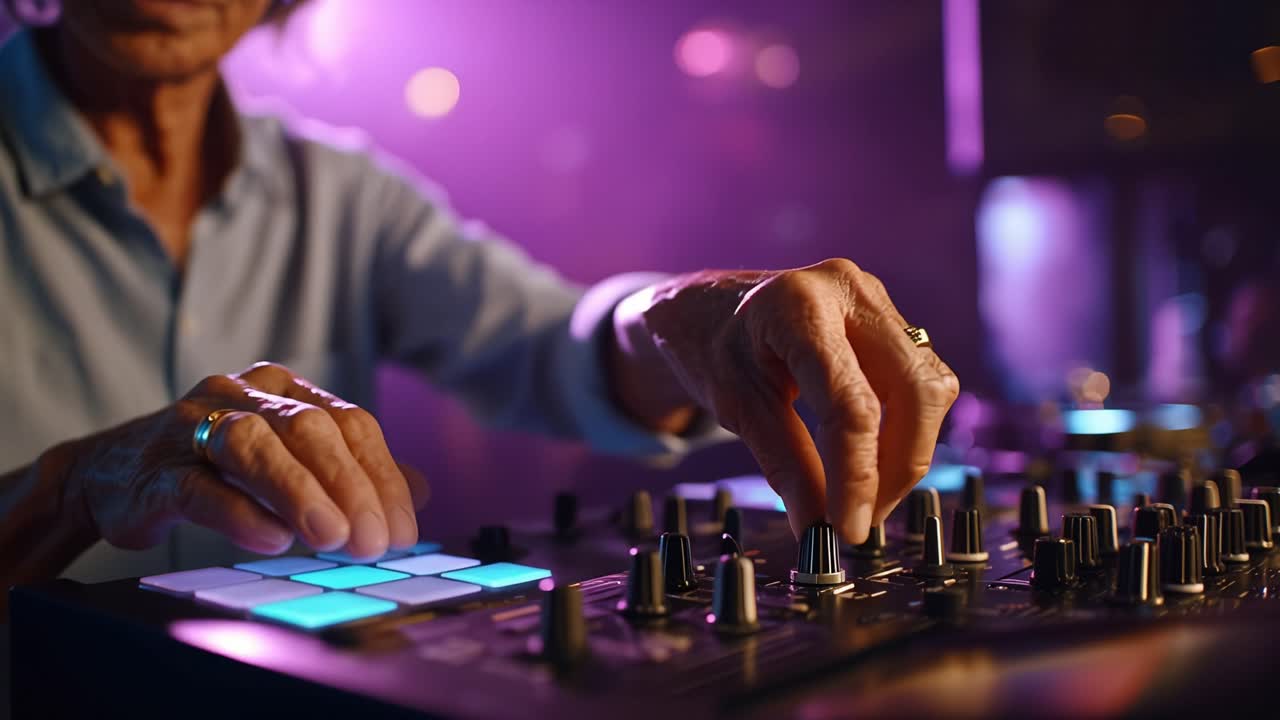 Hands adjust knobs on a glowing DJ mixer. Purple lights pulse behind the DJ's focused hands. The DJ controls rhythm with precise, confident movements. Ideal for music, nightlife