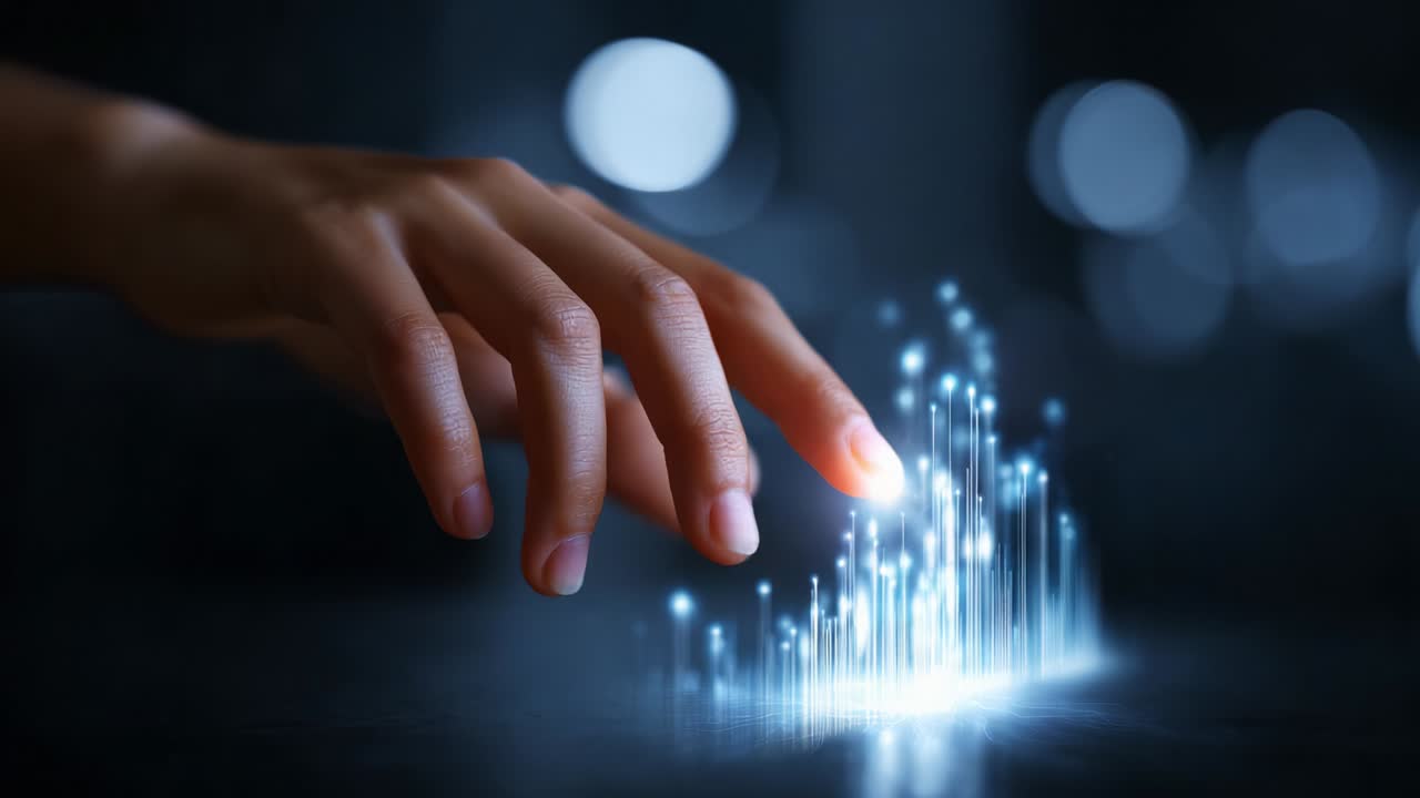 A Human Hand Interacting with Dynamic Light Particles in a Darkened Space, Creating a Mesmerizing Effect of Glowing Lines and Points, Symbolizing the Intersection of Technology and Humanity