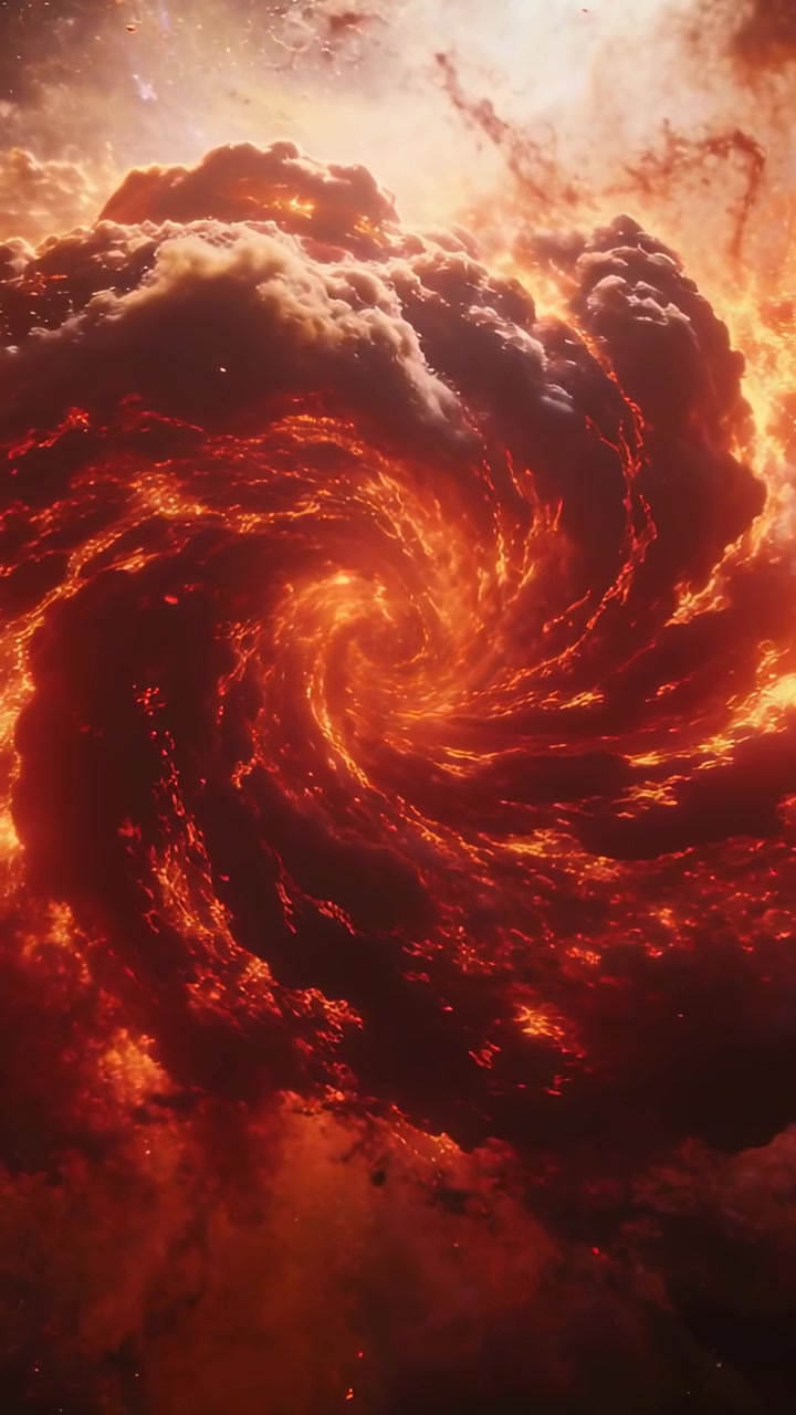 Vertikales Video: Sich spiralförmig drehender Wolkenwirbel, der sich durch Hitze bildet, am offenen Himmel rotiert, mit glühenden Funken.