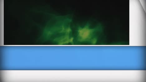 animation of blue and white panels opens over green waves on black background