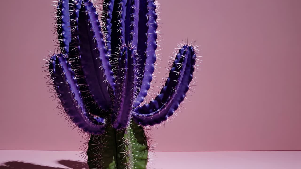 Vibrant, stylized cactus with a purple body and green base stands on a pink surface, casting a dramatic shadow that enhances the surreal and artistic composition