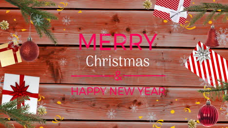 animación de feliz navidad y feliz año nuevo sobre fondo de madera y decoraciones de navidad