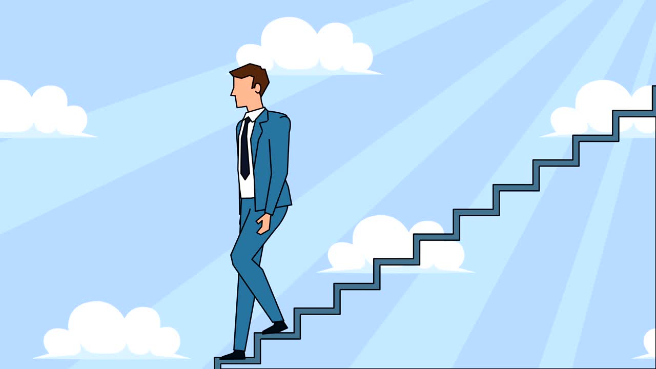 personaje de dibujos animados de hombre de negocios plano baja por la escalera de la carrera escaleras de concepto de animación